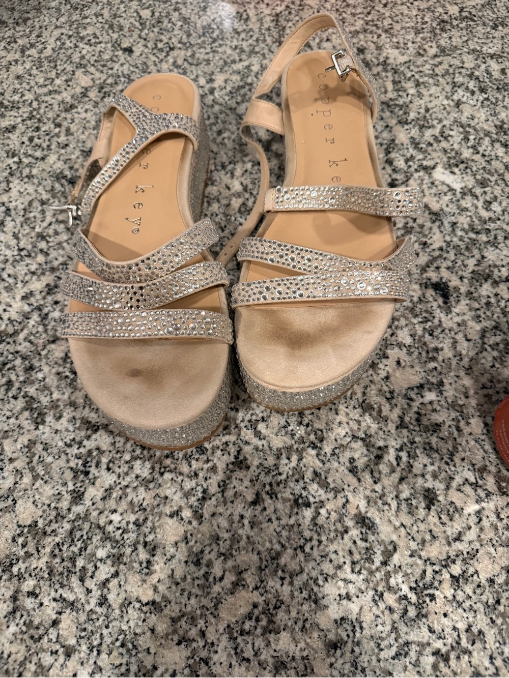 Copper Key Champagne Glitter Strappy Sandals with Rhinestones